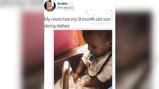 Grandma forces her 9 month-old to do the dishes.