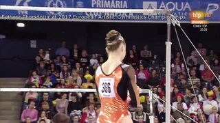 Eythora Thorsdottir bending over at 2017 European Artistic Gymnastics Championships