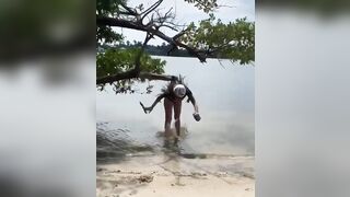 Falling out of a tree - accidental self bikini wedgie