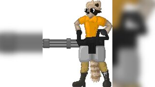 Pixel art GIF of a raccoon with a minigun. (Art by me, @CatBardy on twitter)