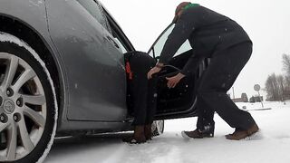 Sammi Starfish gets pantsing pranked in a snowy parking lot