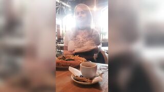 Cute busty chick drops them in a restaurant