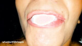 Red Lips playing with Cum Gum