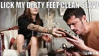 Clean my dirty feet with your tongue slut!