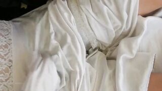 White nylon slip wank & cum